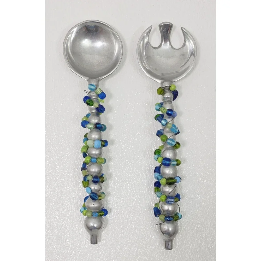 Vintage Beaded Salad Serving Fork and Spoon Set - Multi-Color Handles Large